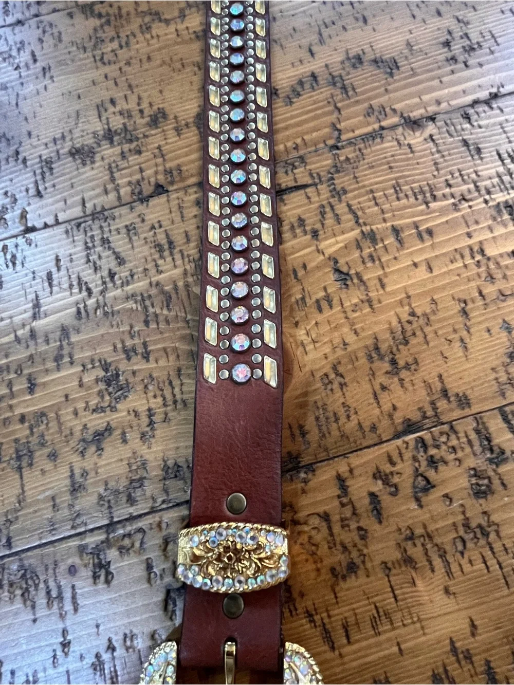 Nocona Genuine Leather Western Belt – Gold Engraved Rhinestone Buckle – Brown